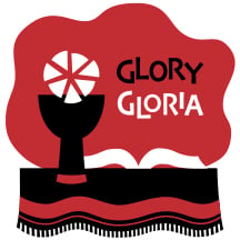 A communion chalice, a broken piece of bread, and an open book, with the words "Glory" and "Gloria"