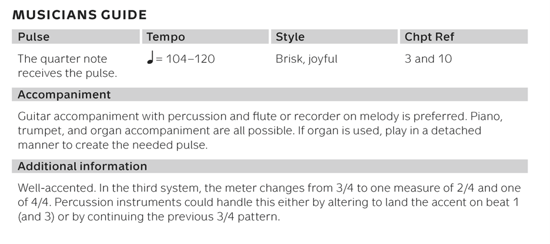 An excerpt from the Assembly Song Companion showing a chart labeled Musicians Guide, with notes on the pulse, tempo, style, chpt ref, accompaniment, and additional information.